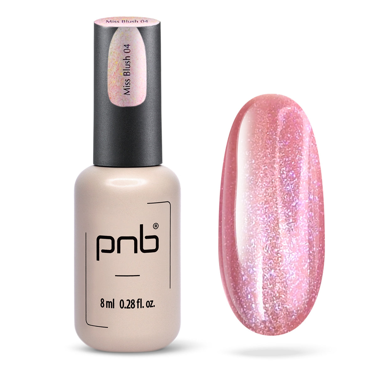 Flacon et échantillon du vernis gel PNB Glamour Cat n° 04 Miss Blush.