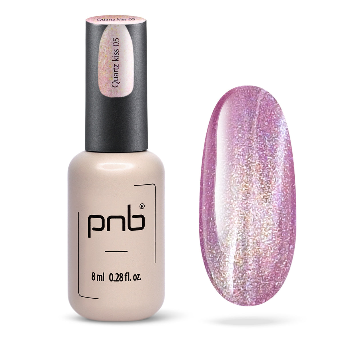 Flacon et échantillon du vernis gel PNB Glamour Cat n° 05 Quartz Kiss.