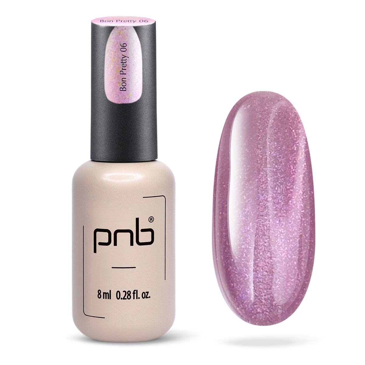 Flacon et échantillon du vernis gel PNB Glamour Cat n° 06 Bon Pretty.
