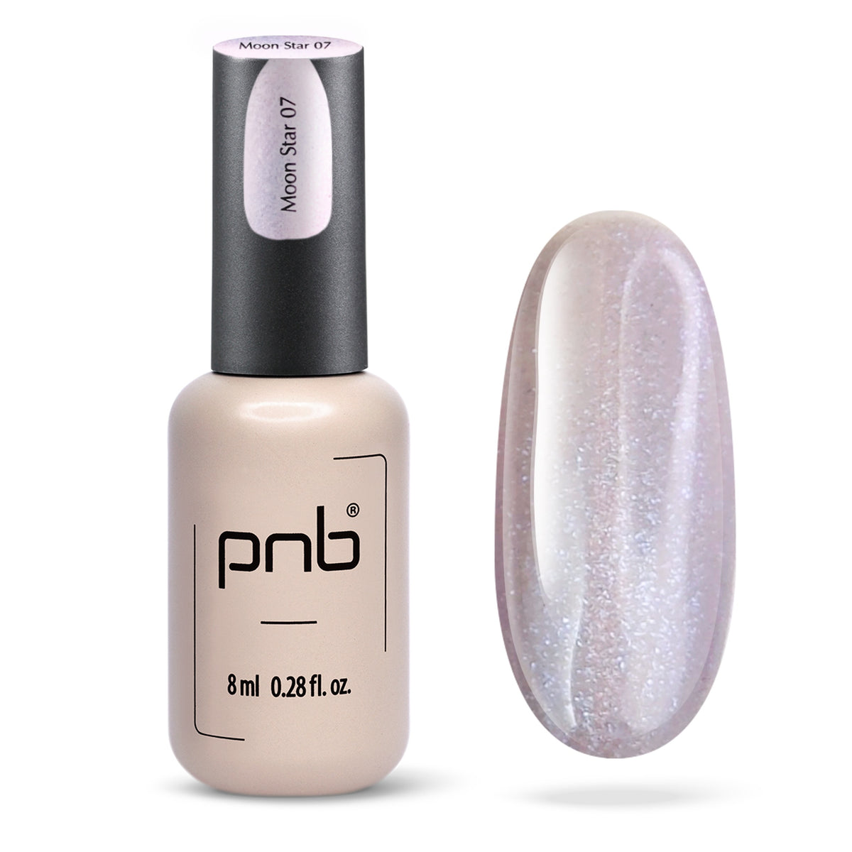 Flacon et échantillon du vernis gel PNB Glamour Cat n° 07 Moon Star.