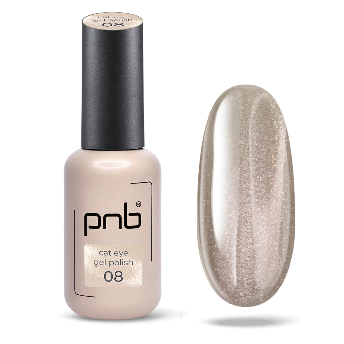 Flacon et échantillon du vernis gel PNB Glamour Cat n° 08 Sage Silk.