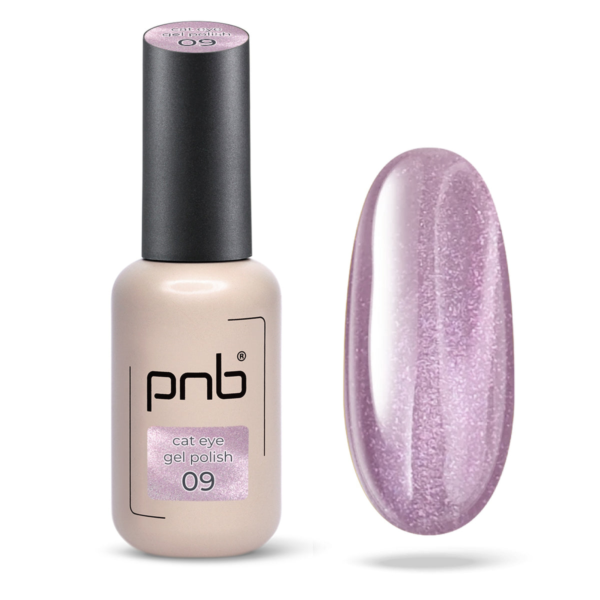 Flacon et échantillon du vernis gel PNB Glamour Cat n° 09 Pearl Chiffon.