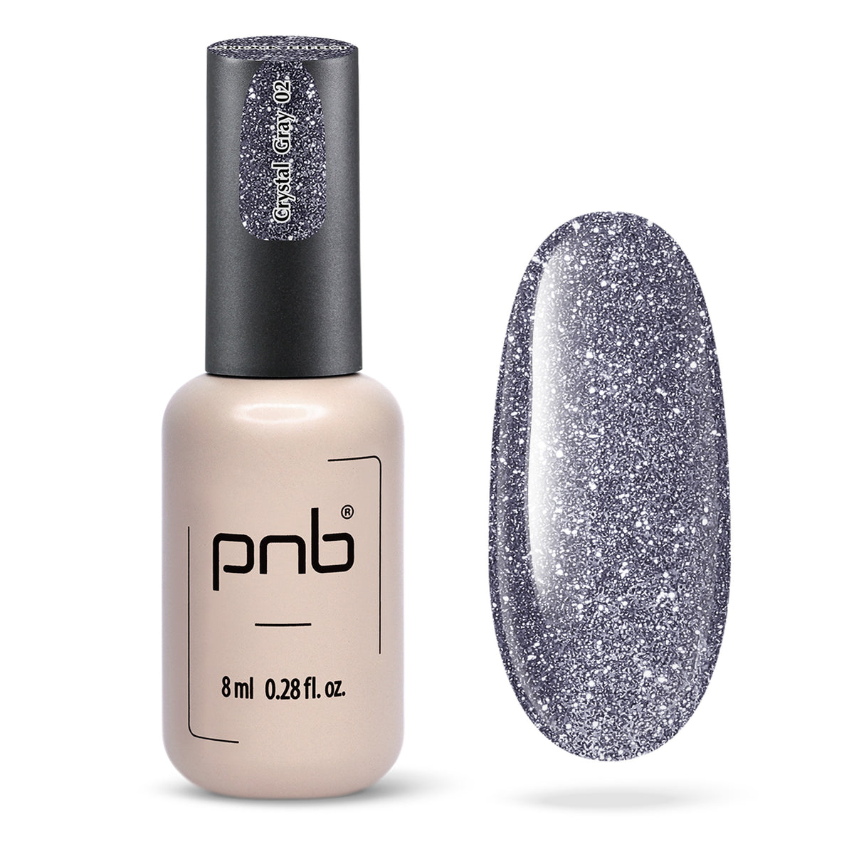 Flacon et échantillon du vernis gel PNB Shock Effect n° 02 Crystal Grey.