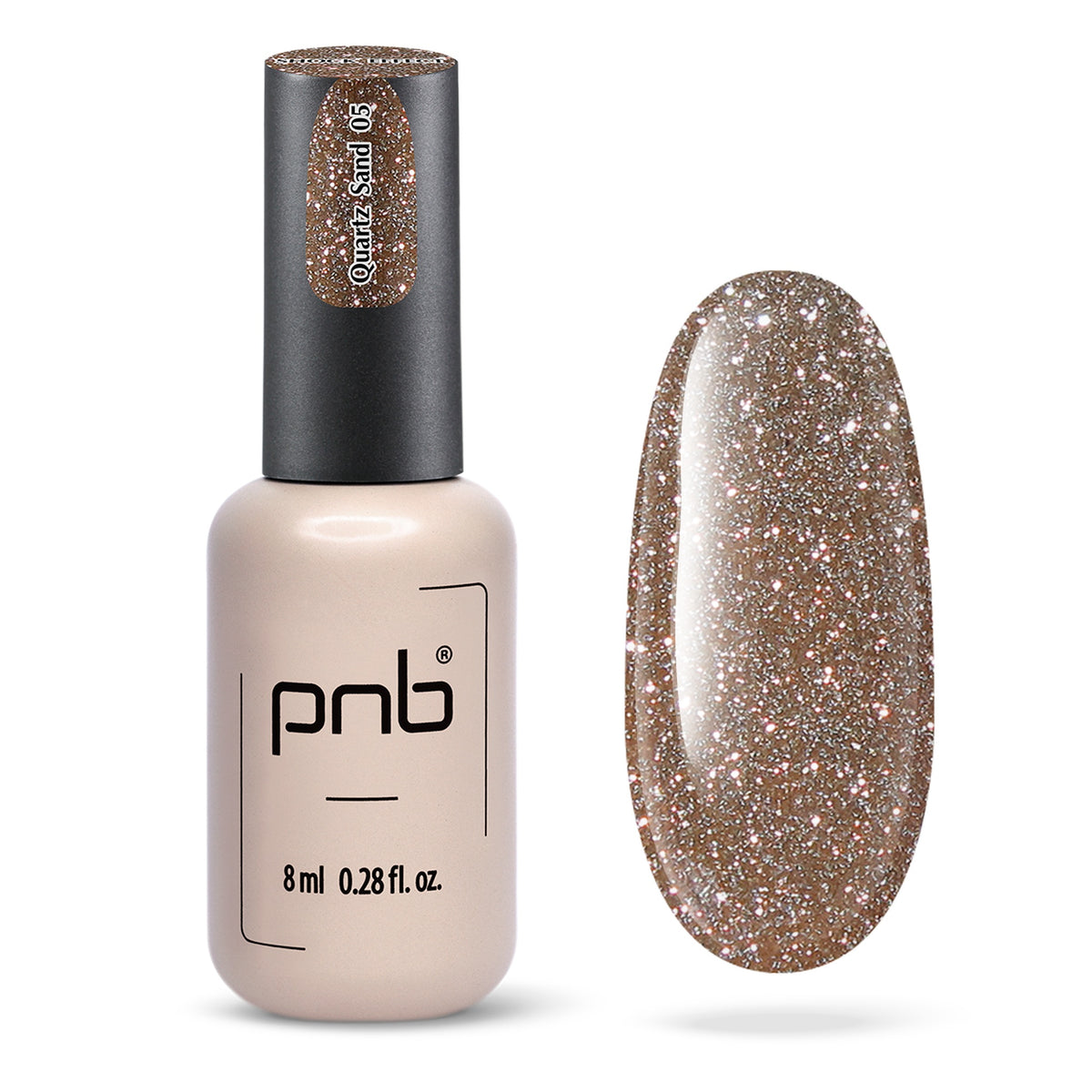 Flacon et échantillon du vernis gel PNB Shock Effect n° 05 Quartz Sand.