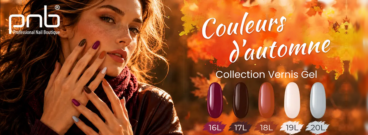 PNB, collection de vernis gel Couleurs d’automne : cinq teintes 16L à 20L (bordeaux, chocolat, terracotta, ivoire et gris) sur une femme aux ongles manucurés