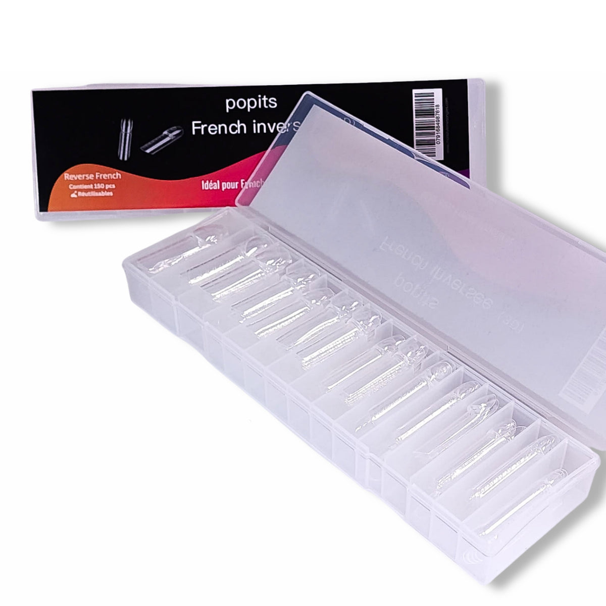 Boîte ouverte de POPITS MSMO French inversée avec capsules rangées par taille.