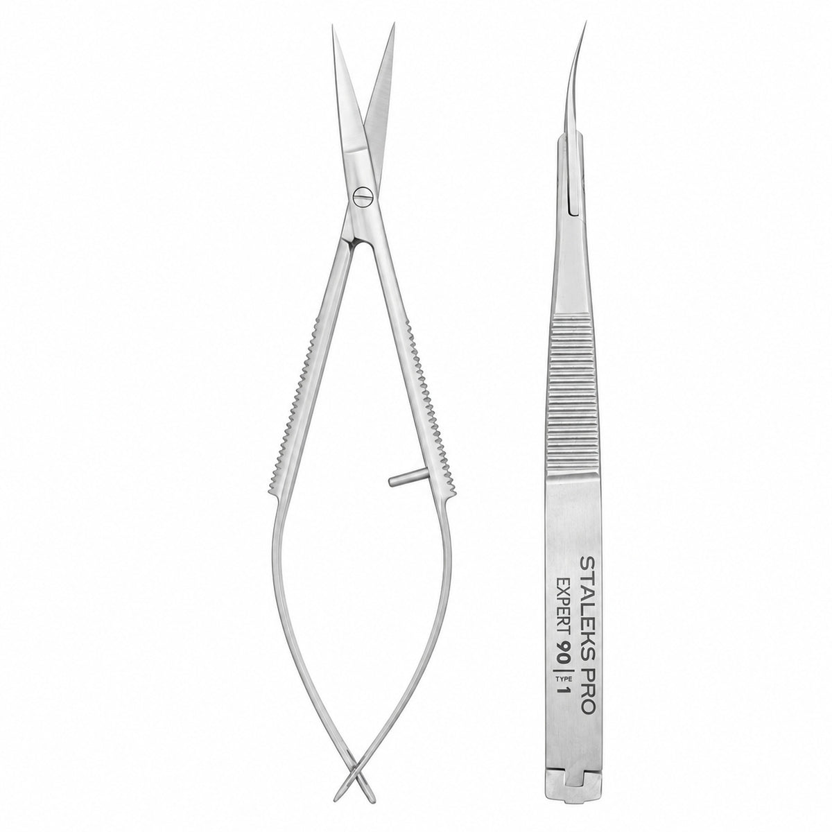 Micro-ciseaux à cuticules Staleks Pro Expert 90 Type 1 SE-90/1, vues de face et de profil sur fond blanc.