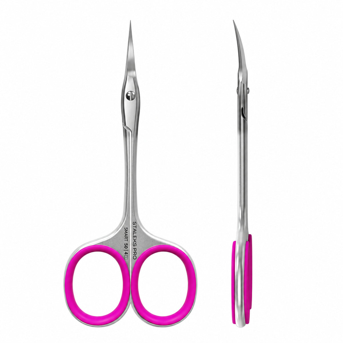 Ciseaux à cuticules Staleks Pro Smart 50 Type 4 SS-50/4, vues de face et de profil avec anneaux en silicone roses.