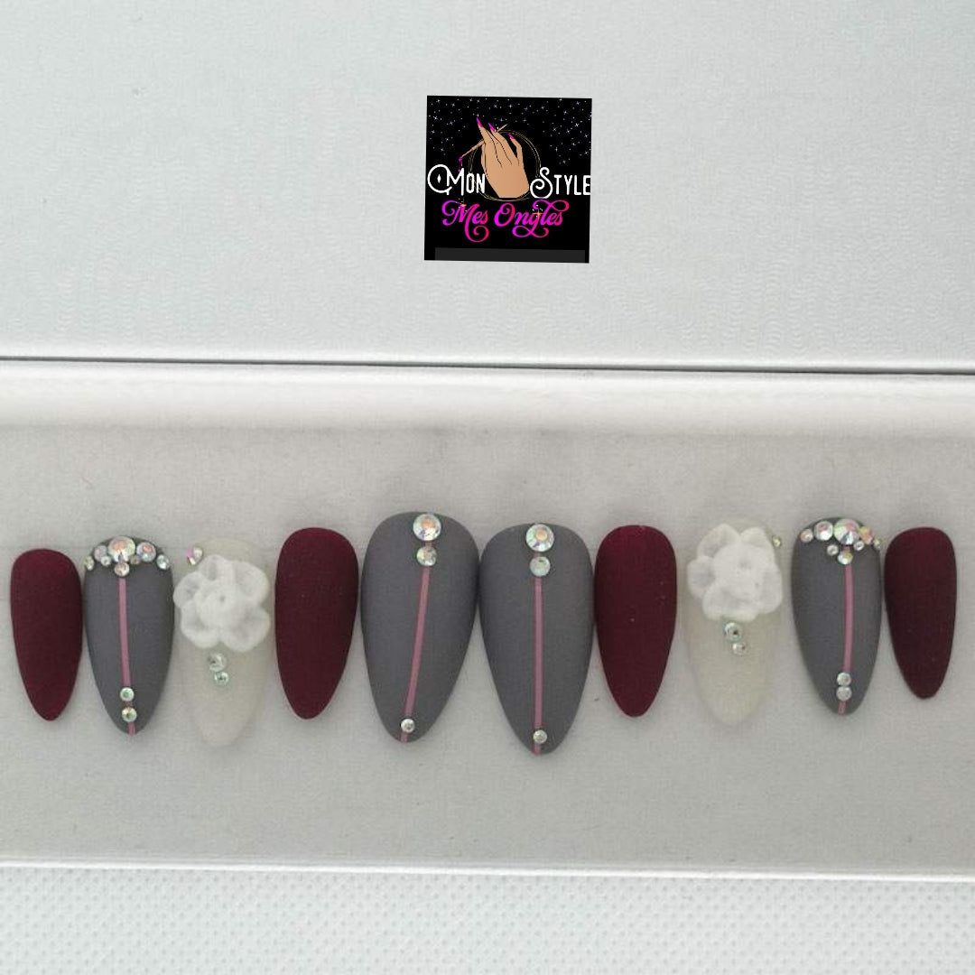 GLAMOUR GRIS + BORDEAU -Ongles personnalisables-