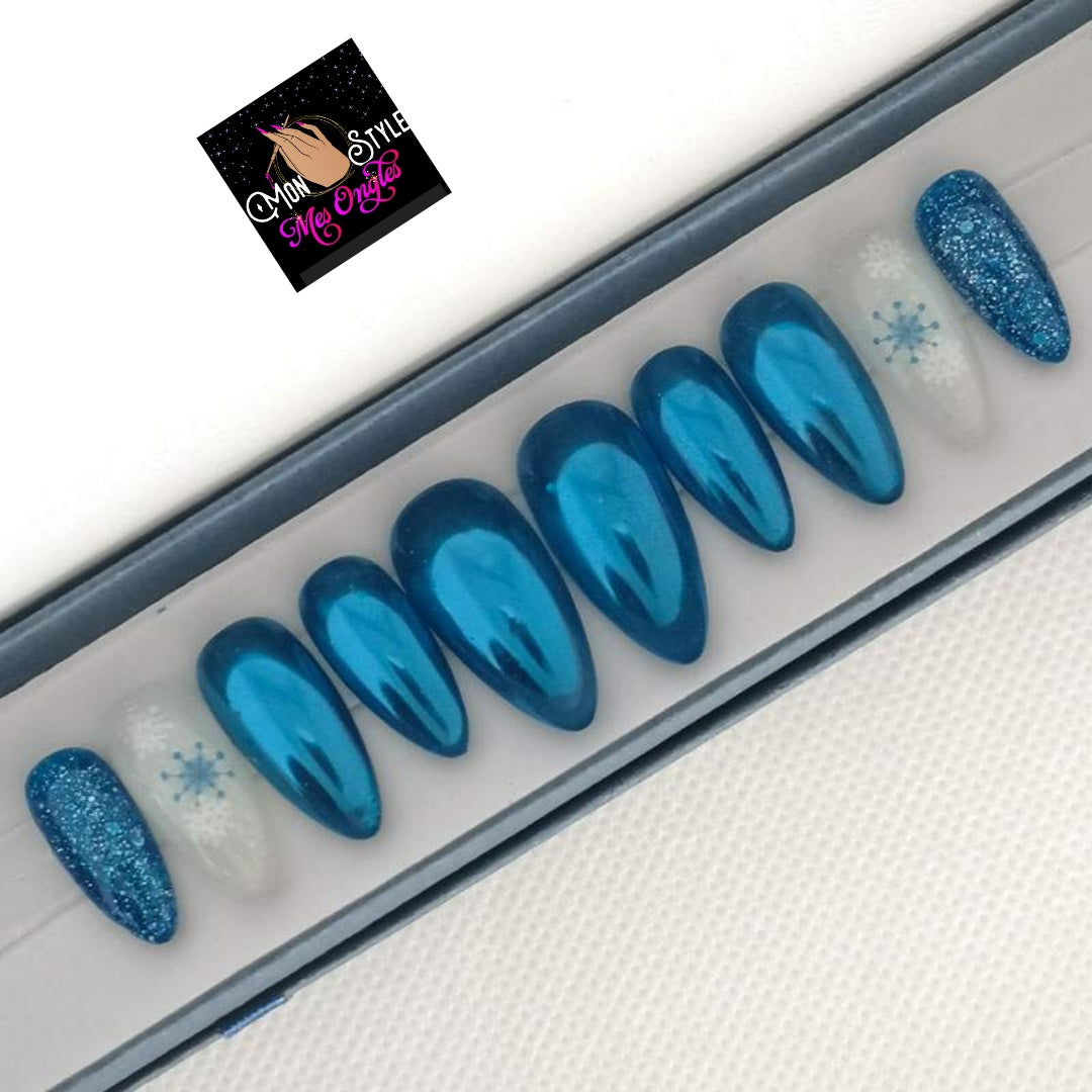 FLOCON CHROMÉ BLEU - Ongles personnalisables -